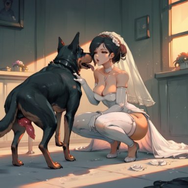 1girls, bride, canine, canine penis, gloves, high heels, married to feral, squatting, wedding dress, wife, zoophilia, ai generated