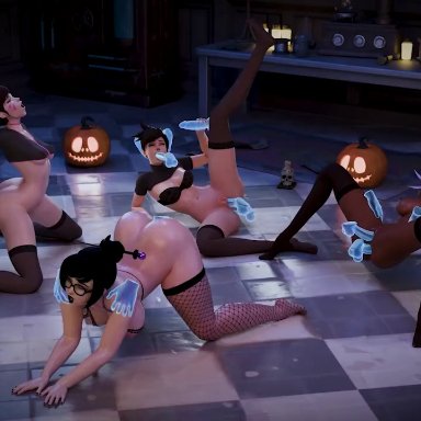 overwatch, d.va, mei (overwatch), sombra, tracer, sanmie3d, blowjob, doggy style, double anal, double penetration, gangbang, ghost, handjob, orgy, 3d