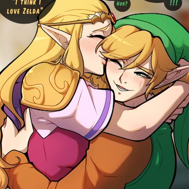 echoes of wisdom, nintendo, the legend of zelda, link, princess zelda, kinkymation, 1boy, 1girls, blonde hair, blue eyes, blush, closed eyes, female, hugging, long hair