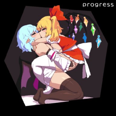 touhou, flandre scarlet, remilia scarlet, namako (takorin), takorin, 1futa, 1girls, ambiguous penetration, aroused, bat wings, big breasts, blonde hair, blue hair, bottomless, breast press