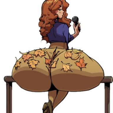 autumn (tail-blazer), tail-blazer, massive ass, sitting on bench, news reporter, tight pants, leaves on body