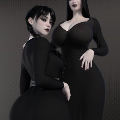 the addams family, morticia addams, wednesday addams, popogori, 2girls, big ass, black clothing, black hair, braid, cleavage, dat ass, female, female only, goth girl, huge breasts