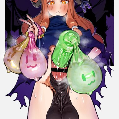 original, mirin chikuwa, :&lt;, 1futa, animal ears, animal penis, balls, black horns, blush, bottomless, breasts, bright pupils, closed mouth, clothed, clothing