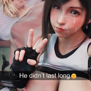 final fantasy, final fantasy vii, final fantasy vii remake, snapchat, square enix, cloud strife, tifa lockhart, kanjiartwork, kanjihentai, after sex, big breasts, clothing, cloud, cum, cum on face