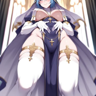 luce (vatican), igiblar, blue hair, breast curtains, church interior, closed mouth, covered ears, cross, curvy, female, from below, hair between eyes, half-closed eyes, hands on own stomach, large ass