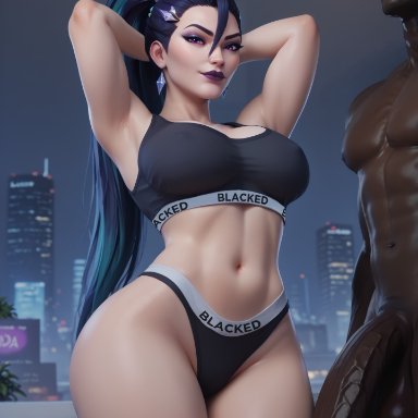 blacked, k/da all out series, league of legends, riot games, k/da all out kai'sa, kai'sa, queensphynx, 1boy, 1girls, armpits, arms behind head, blacked clothing, blue hair, breasts, dark skin