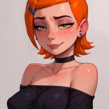 gwen tennyson, warmachine0001, earrings, freckles, goth, goth girl, green eyes, orange hair, topwear, ai assisted, ai generated, tagme