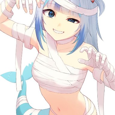 halloween, hololive, hololive english, hololive myth, gawr gura, artist request, nzmtarou, 1girls, bare midriff, female, halloween costume, looking at viewer, mostly nude, mummy, mummy costume