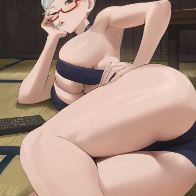 dandadan, ayase seiko, hood (james x), ass, breasts, brown eyes, cigarette, cowboy shot, female, fingernails, glasses, indoors, large breasts, light blush, long hair