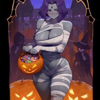 halloween, teen titans, raven (dc), erotic nansensu, basket, big breasts, blush, candy, cleavage, colored skin, costume, crowd, curvy, forehead jewel, grey skin