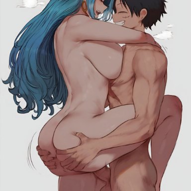 one piece, monkey d luffy, nefertari vivi, artist request, arm around neck, ass, ass grab, black hair, blue hair, bouncing ass, breasts, couple, curvy, curvy body, curvy female