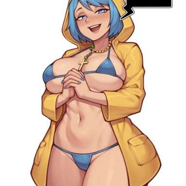 holy year 2025, luce (vatican), aiwaifusart, 1girls, aged up, blue bikini, blue eyes, blue hair, blush, cross necklace, hood, large breasts, micro bikini, narrow waist, praying