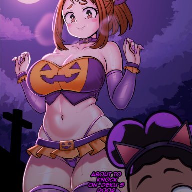 halloween, my hero academia, minoru mineta, ochako uraraka, belmont, big breasts, curvy, curvy figure, larger female, skimpy, smaller male, thick thighs, thong, voluptuous, wide hips