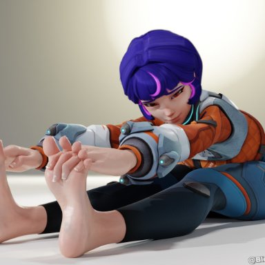 overwatch, overwatch 2, juno (overwatch), blenderanon , 1girls, barefoot, bent over, blue hair, exercise, feet, feet fetish, feet focus, feet together, female, fingers between toes