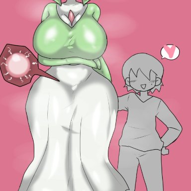 pokemon, gardevoir, pokemon (species), enigi09, blush, fertilization, gigantic breasts, hand on butt, hand under breasts, heart, implied sex, impregnation, insemination, interspecies, large ass