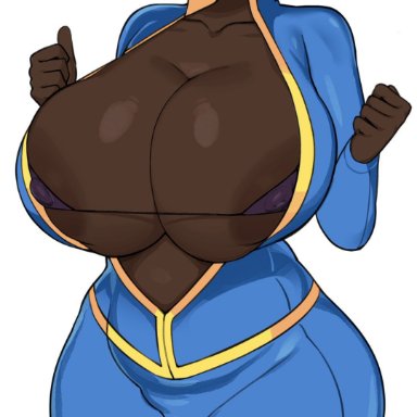 fallout, vault girl, cham22, 1girls, areolae, ass, big ass, big breasts, black hair, blush, bob cut, bra, breasts, breasts bigger than head, clothing