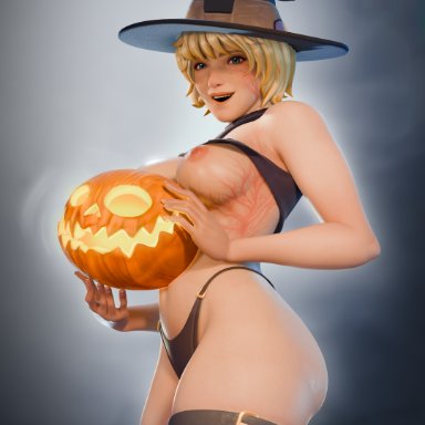 apex legends, halloween, respawn entertainment, wattson (apex legends), dzooworks, 1girls, blonde hair, blue eyes, breasts, female, female focus, female only, pale-skinned female, partially clothed, pumpkin