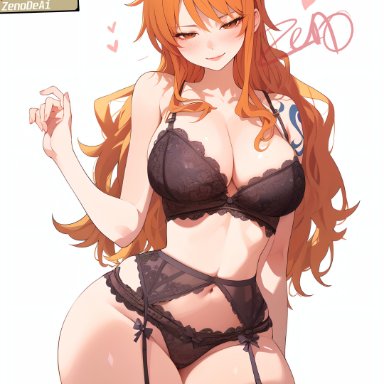 one piece, nami, zenonde2nd, ass visible through thighs, bare arms, bare shoulders, belly button, big breasts, black bra, black panties, black thighhighs, blush, bra, breasts, cleavage