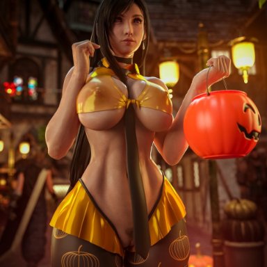 final fantasy, final fantasy vii, final fantasy vii remake, halloween, background character, cloud strife, tifa lockhart, pillowfun, 1boy, 1girls, alternate body type, areolae, areolae visible through clothing, bare midriff, black hair