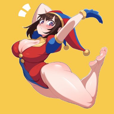 the amazing digital circus, maidcousin, big breasts, blush, breasts, breasts out, brown hair, cleavage, clothed, clothing, clown, curvy, curvy figure, female, full body