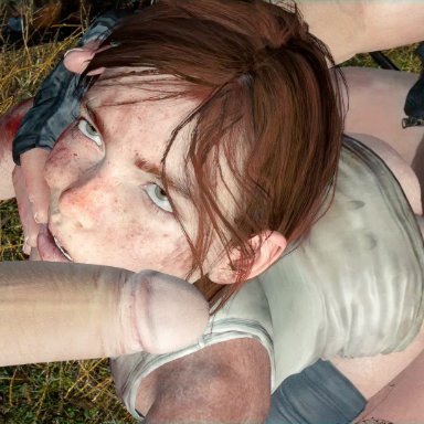 the last of us, the last of us 2, ellie (the last of us), ellie williams, xentho, 1girls, 2boys, brown hair, clothed sex, dirty, eye contact, female, from behind, large penis, light-skinned female