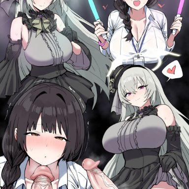 blue archive, doodle sensei (blue archive), female sensei (blue archive), sakurako (blue archive), sensei (blue archive), xipa, 1futa, 1girls, bare shoulders, big breasts, big penis, black dress, black gloves, black hair, blush