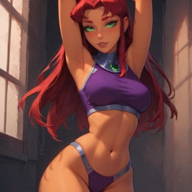 dc, dc comics, teen titans, starfire, tamaranean, sarahvividart, 1girls, alien, alien girl, arms above head, barely clothed, blush, blushed, bondage, bound