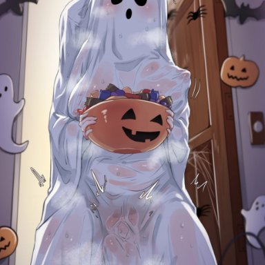 halloween, original, original character, mocomori, 1boy, 1girls, areola, ass, big ass, big breasts, big thighs, breasts, erect nipples, female, ghost