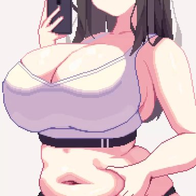 artist request, 1girls, big ass, big breasts, black hair, blinking, blue eyes, chubby, earrings, fully clothed, hairclip, holding phone, light-skinned female, looking at viewer, phone