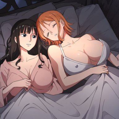 one piece, nami, nico robin, yeetyboi5000, 2girls, areola, areola slip, areolae, areolae slip, asleep, big breasts, blanket, blanket grab, cleavage, closed eyes