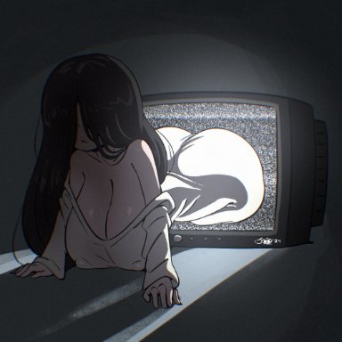 the ring, yamamura sadako, joaoppereiraus, big ass, big breasts, big butt, black hair, curvy female, female, ghost girl, grey skin, long hair, pale-skinned female, white skin