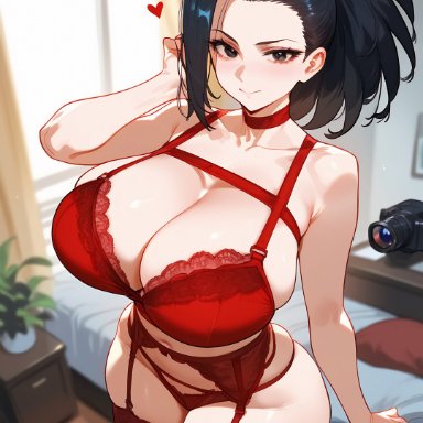 my hero academia, momo yaoyorozu, dusty ai, 1girls, aged up, big ass, big breasts, female, female only, huge ass, huge breasts, light-skinned female, lingerie, lingerie only, smile