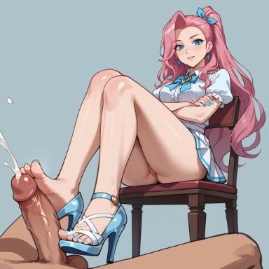 league of legends, seraphine (league of legends), cock, cum on feet, footjob, heels, male, penis, toenail polish, ai generated