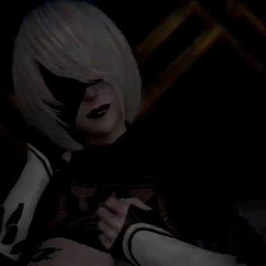 nier (series), nier: automata, yorha 2b, yorha 9s, mackg4, 1boy, 1girls, air handjob, ballbusting, balls, big breasts, bimbo lips, black lipstick, blindfold, bondage