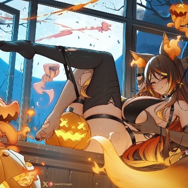 halloween, sinder (vtuber), greatodoggo, 1girls, animal ears, black hair, blush, breasts, female, female only, hellhound, huge breasts, jack-o'-lantern, light skin, light-skinned female