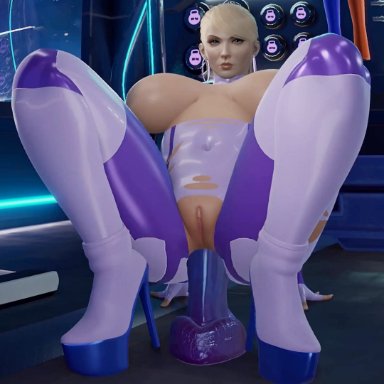 nintendo, samus aran, x3d, 1girls, anal, anal masturbation, big breasts, bimbo, blonde female, blonde hair, bodysuit, dildo, dildo in ass, earrings, exposed breasts