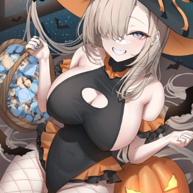 blue archive, halloween, asuna (blue archive), alternate costume, basket, black hat, black leotard, blue eyes, blush, breasts, cleavage cutout, clothing cutout, condom, condom wrapper, erbium