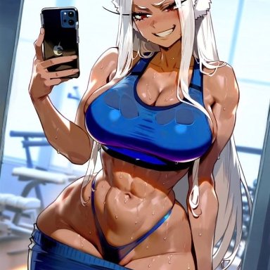 boku no hero academia, my hero academia, miruko, rumi usagiyama, 1girls, abs, athletic, athletic female, belly, big breasts, blue clothing, blue panties, blue sports bra, blue topwear, bra