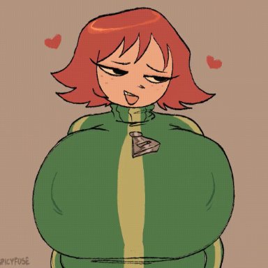 scott pilgrim, kim pine, spicyfuse, 1girls, big breasts, black eyes, blinking, bouncing breasts, closed eyes, clothed, female, freckles, heart, jacket, light skin