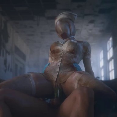 silent hill, silent hill 2, bubble head nurse, audiodude, vgerotica, 1boy, 1girls, bouncing breasts, cowgirl position, monster girl, nightmare waifu, nurse, nurse cap, nurse uniform, vaginal