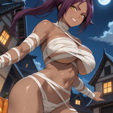 bleach, halloween, shounen jump, shihouin yoruichi, eroero waifus, athletic female, bare thighs, dark skin, dark-skinned female, gigantic breasts, huge breasts, huge thighs, looking down, massive breasts, mature female