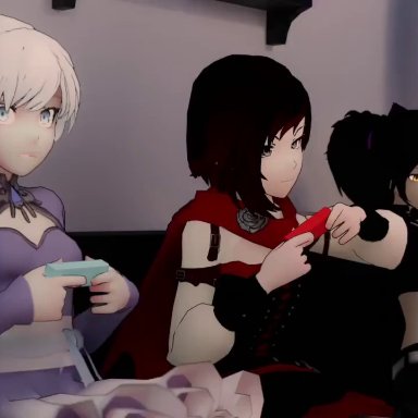 rooster teeth, rwby, viz media, blake belladonna, jaune arc, ruby rose, weiss schnee, yang xiao long, infected heart, 1boy, 4girls, amber eyes, balls, black and red hair, black hair