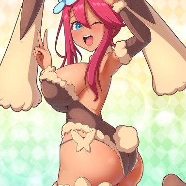 creatures (company), game freak, nintendo, pokemon, pokemon bw, generation 4 pokemon, gym leader, lopunny, lopunny (cosplay), skyla (pokemon), mizmillificent, ;d, 1girls, ass, backless outfit