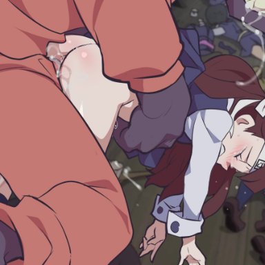 little witch academia, akko kagari, atsuko kagari, kagari atsuko, jcm2, 1boy, 1girls, brown hair, closed eyes, crying, crying female, crying while penetrated, crying with eyes closed, different size, female