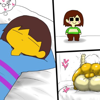 undertale, undertale (series), chara, chara (undertale), frisk, frisk (undertale), enigi09, 1boy, 1girls, big ass, mating press, yellow skin