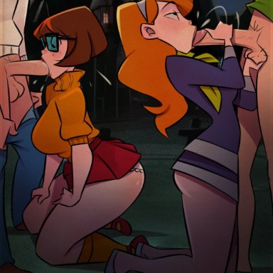 hanna-barbera, scooby-doo, daphne blake, fred jones, shaggy rogers, velma dinkley, jmoz, 2boys, 2girls, blowjob, fellatio, female, female focus, kneeling, penis