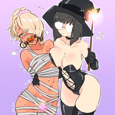 halloween, original, momoka (pretzelfan), reika (pretzelfan), eudetenis, 2girls, ball gag, bandage, big breasts, black hair, blonde female, blonde hair, bondage, breasts, choker