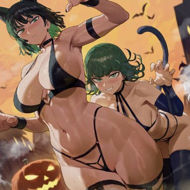 halloween, one-punch man, shonen jump, fubuki (one-punch man), tatsumaki, shexyo, 2girls, 2women, 6+others, animal ears, animal tail, armlet, armlets, arms, arms extended