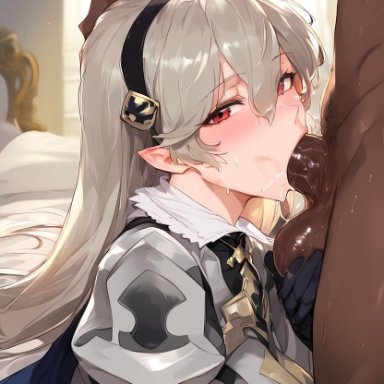 fire emblem, fire emblem fates, nintendo, corrin (fire emblem), corrin (fire emblem) (female), axiah, 1boy, 1girl, 1girls, armored dress, big breasts, big penis, black gloves, blowjob, blush