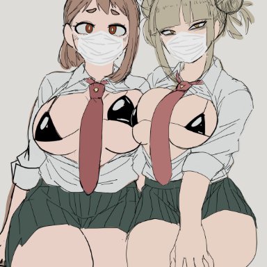 boku no hero academia, my hero academia, himiko toga, ochako uraraka, toga himiko, uraraka ochako, 2girls, blonde hair, breasts, brown hair, mask, medium breasts, mouth mask, multiple girls, skirt